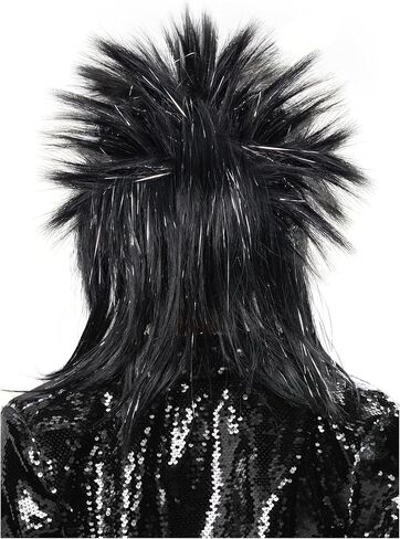 Spooktacular Creations Halloween Black Spiked Rock in Roll Wig with Earrings and Necklace,80s Diva Wig Women Rockstar for Adult Big Spiky Hair Black Rock Star Costume Cosplay Dress-up Party Accessory in Saudi Arabia