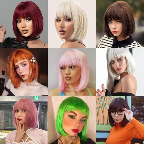 Burgundy Bob Wig With Bangs Short Dark Red Bob Wigs For Women Lavender Straight Bob Bangs Wig 10 Inch Heat Resistant Synthetic Hair Natural Looking For Daily in Saudi Arabia