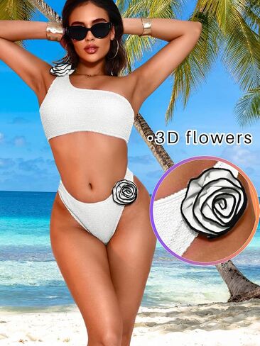 Kaei&Shi Sexy Flower One Shoulder Bikini Set,High Cut Ribbed Swimsuit for Women,Two Piece Swim Suit Bathing Suit in Saudi Arabia