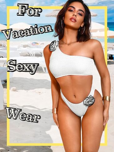 Kaei&Shi Sexy Flower One Shoulder Bikini Set,High Cut Ribbed Swimsuit for Women,Two Piece Swim Suit Bathing Suit in Saudi Arabia