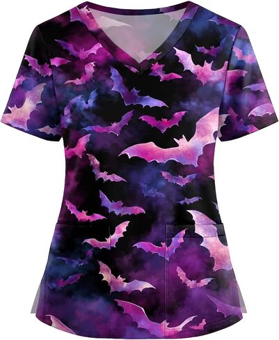 Halloween Scrub Tops Women Pumpkin Bat Ghost Print Medical Uniform V Neck Short Sleeve Plus Size Nursing Scrubs in Saudi Arabia