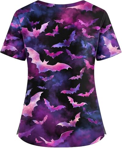 Halloween Scrub Tops Women Pumpkin Bat Ghost Print Medical Uniform V Neck Short Sleeve Plus Size Nursing Scrubs in Saudi Arabia