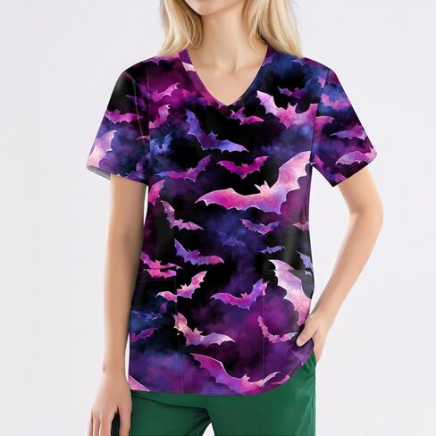 Halloween Scrub Tops Women Pumpkin Bat Ghost Print Medical Uniform V Neck Short Sleeve Plus Size Nursing Scrubs in Saudi Arabia