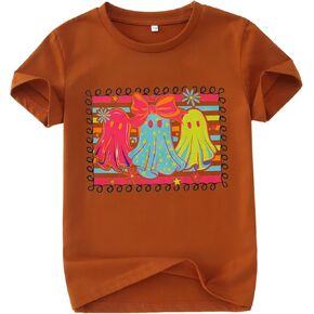 Girls Halloween Shirts Cute Neon Bow Ghost T-Shirt Kid Coquette Boo Tees Spooky Season Outfit Short Sleeve Fall Tops in Saudi Arabia