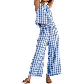 Women 2 Piece Summer Outfits Gingham Lounge Set Y2k Plaid Sleeveless Top Wide Leg Pants Matching Set in Saudi Arabia