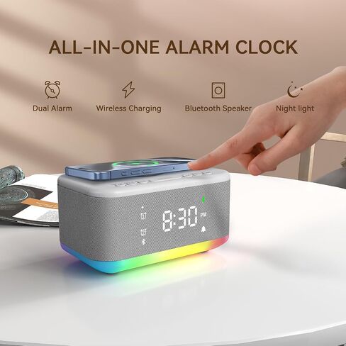Wireless Charging Alarm Clock Bedroom, Loud Digital Alarm Clocks Bedrooms, Alarm Clock Night Light Speaker 8W Snooze Dual Alarm 12/24H Adjustable Brightness Dimmer Bluetooth, Black in Saudi Arabia