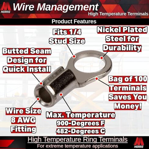 Morris Products High Temperature Ring Terminals – 12-10 Wire Size - #10 Stud Size – Nickel-Plated Steel – For HVAC, Industrial Kilns, Electric Space Heaters, Commercial Ovens, Fryers – Pack of 100 in Saudi Arabia