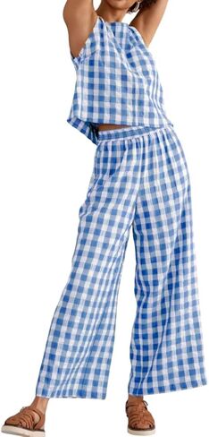 Women 2 Piece Summer Outfits Gingham Lounge Set Y2k Plaid Sleeveless Top Wide Leg Pants Matching Set in Saudi Arabia