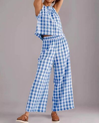 Women 2 Piece Summer Outfits Gingham Lounge Set Y2k Plaid Sleeveless Top Wide Leg Pants Matching Set in Saudi Arabia