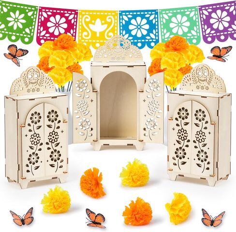 صندوق الظل الميت من WATINC - 57 قطعة من ديكورات مذبح Dia De Los Muertos Ofrenda مع لافتات فراشات زهور القطيفة، إطار صورة خشبي على شكل جمجمة مكسيكية لمستلزمات الحفلات التذكارية in Saudi Arabia