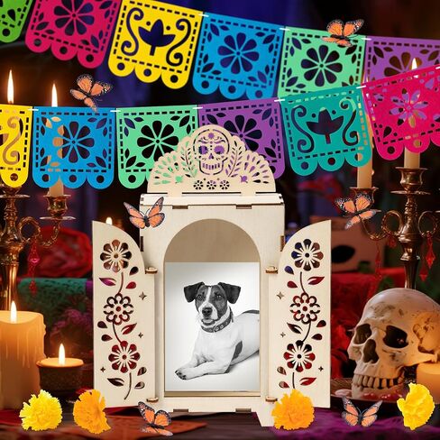 صندوق الظل الميت من WATINC - 57 قطعة من ديكورات مذبح Dia De Los Muertos Ofrenda مع لافتات فراشات زهور القطيفة، إطار صورة خشبي على شكل جمجمة مكسيكية لمستلزمات الحفلات التذكارية in Saudi Arabia