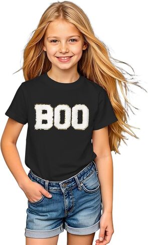 Girl Boy Halloween Shirts Kid Glitter Boo Chenille Patch T-Shirt Embroidery Spooky Season Tee Fall Short Sleeve Top in Saudi Arabia