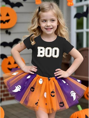 Girl Boy Halloween Shirts Kid Glitter Boo Chenille Patch T-Shirt Embroidery Spooky Season Tee Fall Short Sleeve Top in Saudi Arabia