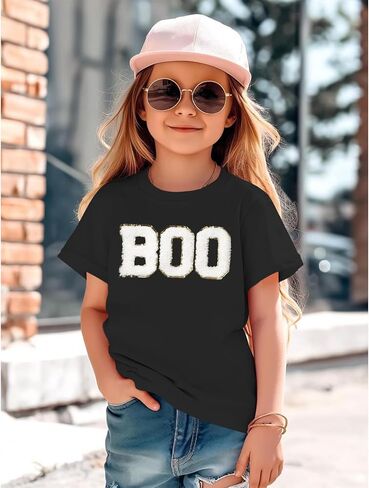 Girl Boy Halloween Shirts Kid Glitter Boo Chenille Patch T-Shirt Embroidery Spooky Season Tee Fall Short Sleeve Top in Saudi Arabia