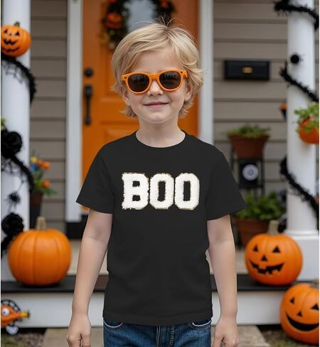 Girl Boy Halloween Shirts Kid Glitter Boo Chenille Patch T-Shirt Embroidery Spooky Season Tee Fall Short Sleeve Top in Saudi Arabia