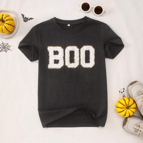 Girl Boy Halloween Shirts Kid Glitter Boo Chenille Patch T-Shirt Embroidery Spooky Season Tee Fall Short Sleeve Top in Saudi Arabia