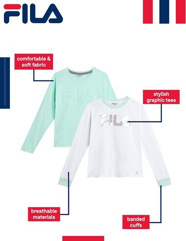 قمصان Fila للفتيات بأكمام طويلة - قطعتان من تي شيرتات جيرسيه قطنية ناعمة بأكمام طويلة للفتيات - قمصان كاجوال لطيفة للفتيات (7-16) in Saudi Arabia