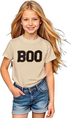 Girl Boy Halloween Shirts Kid Glitter Boo Chenille Patch T-Shirt Embroidery Spooky Season Tee Fall Short Sleeve Top in Saudi Arabia
