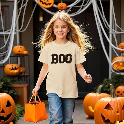 Girl Boy Halloween Shirts Kid Glitter Boo Chenille Patch T-Shirt Embroidery Spooky Season Tee Fall Short Sleeve Top in Saudi Arabia