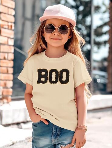 Girl Boy Halloween Shirts Kid Glitter Boo Chenille Patch T-Shirt Embroidery Spooky Season Tee Fall Short Sleeve Top in Saudi Arabia