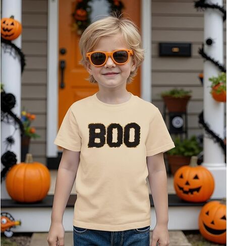 Girl Boy Halloween Shirts Kid Glitter Boo Chenille Patch T-Shirt Embroidery Spooky Season Tee Fall Short Sleeve Top in Saudi Arabia