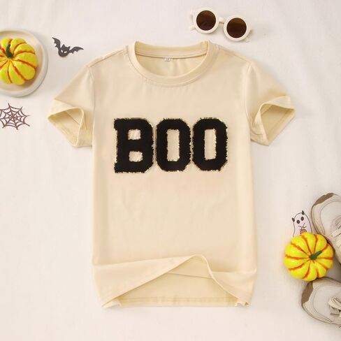 Girl Boy Halloween Shirts Kid Glitter Boo Chenille Patch T-Shirt Embroidery Spooky Season Tee Fall Short Sleeve Top in Saudi Arabia