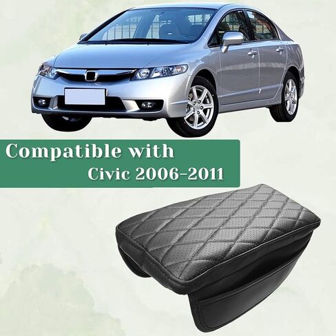 غطاء مسند ذراع وحدة التحكم المركزية متوافق مع Honda Civic 2006-2011 مصنوع من الجلد لوحدة التحكم الوسطى وصندوق مسند ذراع وبطانة حماية مع جيوب جانبية مضادة للخدش باللون الأسود in Saudi Arabia
