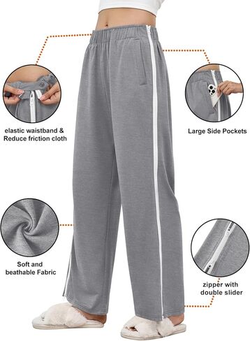LOMON Womens Tear Away Pants Sides Full Open Sweatpants Double Slider Zip Off Post Surgery Pant with Pockets in Saudi Arabia