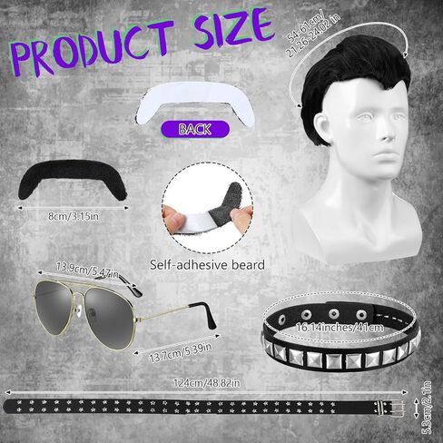 Mepase 5 Pcs Halloween Costume Set Rock Costume Accessory, Includes Black Wig, Self Adhesive Mustaches, Sunglasses, Studded Armband and Belt for 70s 80s 90s Metal Punk Party Cosplay Accessory in Saudi Arabia