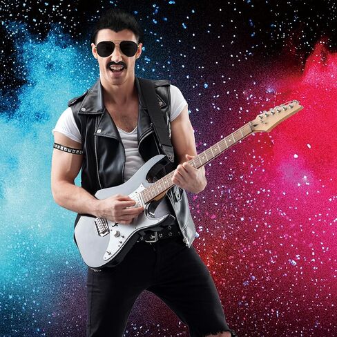 Mepase 5 Pcs Halloween Costume Set Rock Costume Accessory, Includes Black Wig, Self Adhesive Mustaches, Sunglasses, Studded Armband and Belt for 70s 80s 90s Metal Punk Party Cosplay Accessory in Saudi Arabia