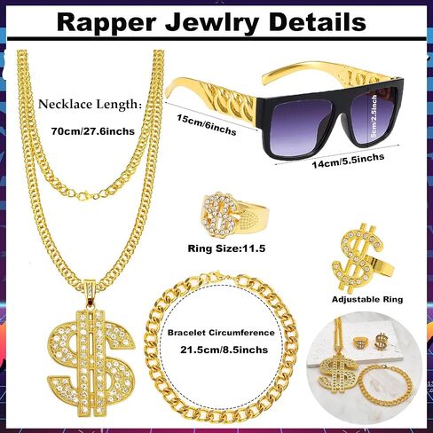 80s 90s Outfits Men Women Rapper Jewelry Hip Hop Costume Kit for Halloween Cosplay in Saudi Arabia