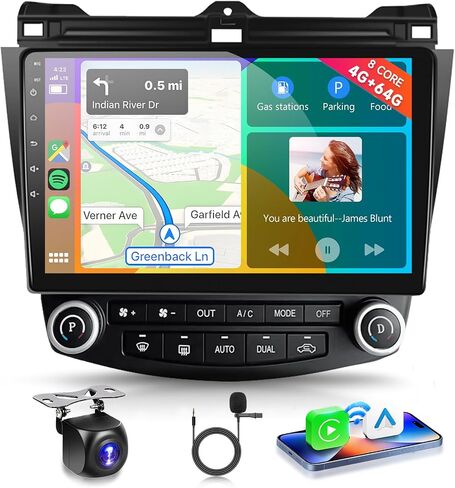 راديو Podofo 8 Core 8G+128G لسيارة Honda Accord 7th 2003 2004 2005 2006 2007 ستيريو سيارة مع CarPlay لاسلكي/Android Auto/WiFi 4G/10.1 بوصة 1280*720 IPS شاشة لمس/DSP/32EQ/بلوتوث/GPS/AM FM/كاميرا in Saudi Arabia