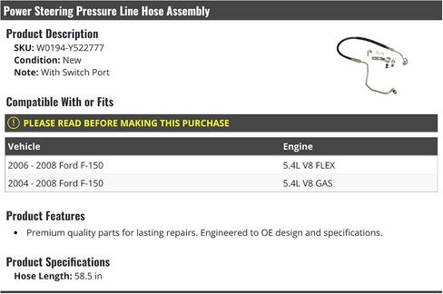 مجموعة خرطوم خط ضغط التوجيه المعزز - متوافقة مع 2004-2008 Ford F150 (مع منفذ التبديل) in Saudi Arabia