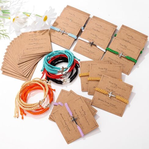 Raicegs 30 Pieces Friendship Bracelet Bulk for Women Men Cross Flower Charm String Bracelet Adjustable Braided Bracelet Inspirational Gifts Teacher Birthday Graduation in Kuwait