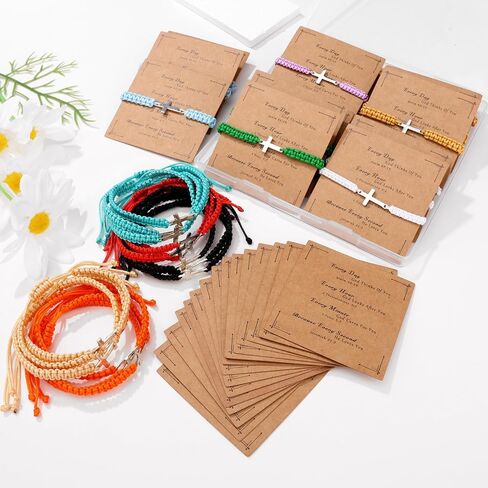 Raicegs 30 Pieces Friendship Bracelet Bulk for Women Men Cross Flower Charm String Bracelet Adjustable Braided Bracelet Inspirational Gifts Teacher Birthday Graduation in Kuwait