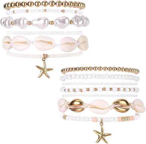 13pcs Summer Beach Beachy Bracelets Set, 2 Styles Stack Stackable Seashell Sea Shell Bracelets & Bohemian Beaded Jewelry Elastic Starfish Charm Jewelry for Women Vacation Summer Beach Party Gift in Saudi Arabia