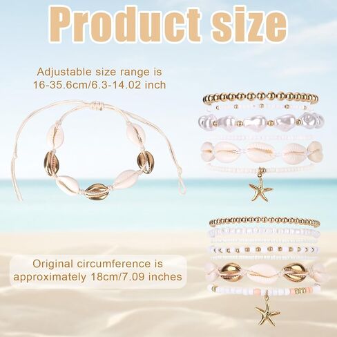 13pcs Summer Beach Beachy Bracelets Set, 2 Styles Stack Stackable Seashell Sea Shell Bracelets & Bohemian Beaded Jewelry Elastic Starfish Charm Jewelry for Women Vacation Summer Beach Party Gift in Saudi Arabia