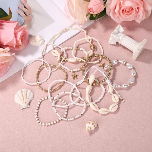 13pcs Summer Beach Beachy Bracelets Set, 2 Styles Stack Stackable Seashell Sea Shell Bracelets & Bohemian Beaded Jewelry Elastic Starfish Charm Jewelry for Women Vacation Summer Beach Party Gift in Saudi Arabia