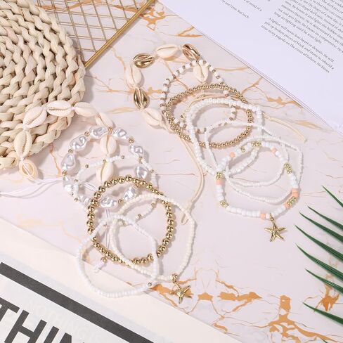 13pcs Summer Beach Beachy Bracelets Set, 2 Styles Stack Stackable Seashell Sea Shell Bracelets & Bohemian Beaded Jewelry Elastic Starfish Charm Jewelry for Women Vacation Summer Beach Party Gift in Saudi Arabia