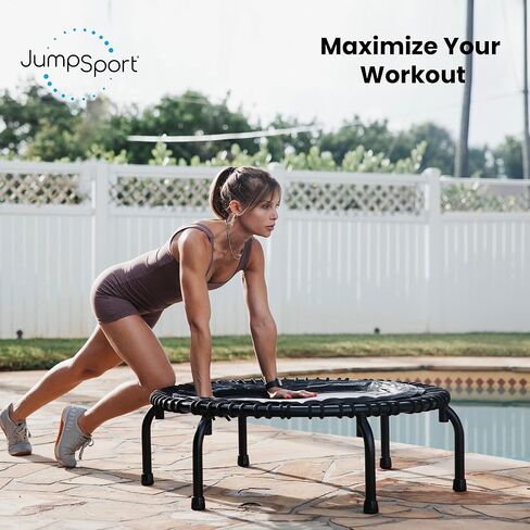 جهاز JumpSport 250 للياقة البدنية في المنزل، مقاس 39 بوصة | ترامبولين صغير بأرجل مقوسة ومقاطع فيديو متضمنة | آمنة وقوية ومنخفضة التأثير | DVD وبث مجاني لمدة 60 يومًا in Kuwait