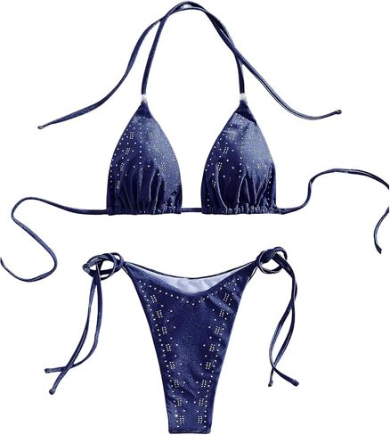 SOLY HUX Women's Bikini Sets Halter Triangle String Swimsuit Tie Side Rhinestone Two Piece Bathing Suit in Saudi Arabia