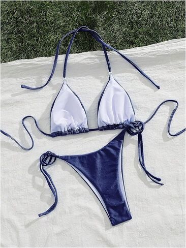 SOLY HUX Women's Bikini Sets Halter Triangle String Swimsuit Tie Side Rhinestone Two Piece Bathing Suit in Saudi Arabia