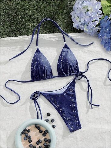 SOLY HUX Women's Bikini Sets Halter Triangle String Swimsuit Tie Side Rhinestone Two Piece Bathing Suit in Saudi Arabia