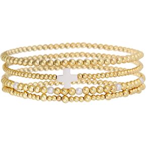 4pcs Gold Bead Stack Bracelets Set for Women, Non-Tarnish Gold Beaded Elastic Cross Pearl Bracelets Stackable Hand Chain Trendy Jewelry Gifts in Kuwait