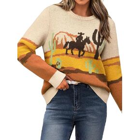 MYMORE Women's Western Cowgirl Knitted Sweater Long Sleeve Vintage Cowboy Print Color Block Crewneck Pullover Sweaters in Kuwait