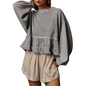 المرأة المتضخم بيبلوم البلوز كم طويل Crewneck بيبي دول الأعلى عادية كشكش الدانتيل المرقعة الخريف البلوز in Kuwait