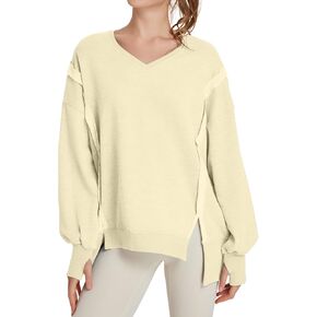 TAKEYAL Women's Oversized Sweatshirts Side Slit Long Sleeve V Neck Sweatshirt Casual Loose Pullover in Kuwait