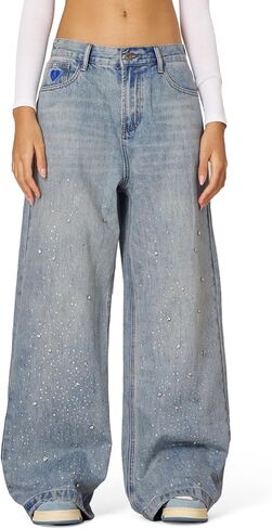 Aelfric Eden Rhinestone Application Loose Jeans Oversized High Waist Casual Baggy Denim Pants in Saudi Arabia
