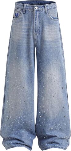 Aelfric Eden Rhinestone Application Loose Jeans Oversized High Waist Casual Baggy Denim Pants in Saudi Arabia