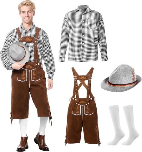 Oktoberfest Outfits Men, Oktoberfest Costume with Lederhosen Shirt Hat Socks, October Festival Costume for Men in Kuwait